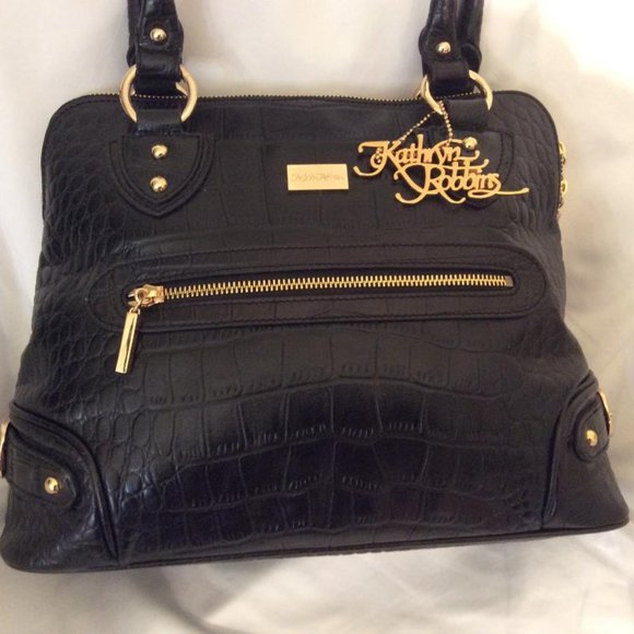 Kathryn Robbins NWOT black leather & metallic gold hand or shoulder bag - Picture 1 of 13